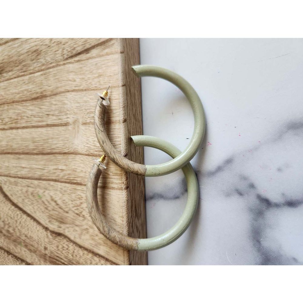 Wooden green sage hoop earrings minimalist natural wood tone colorblock